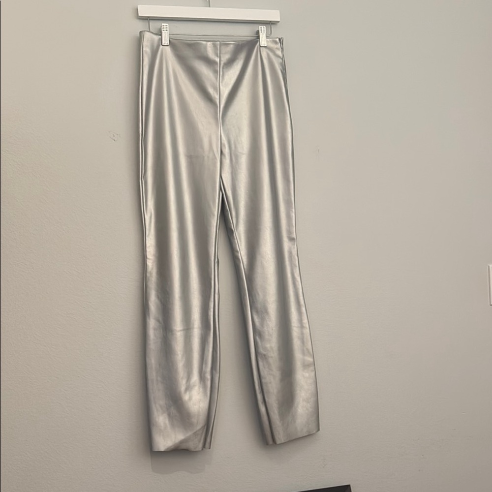 Metallic Silver Faux Leather Straight-Leg Pants NWT